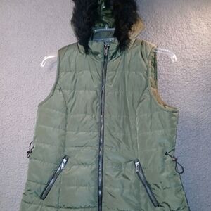 Maurices Women's Large Coat Vest Faux Fur Lined Removable Hood Army Green